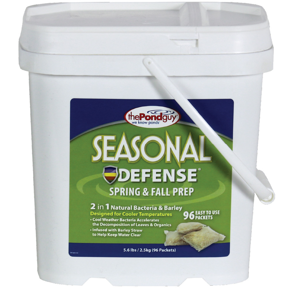 The Pond Guy Seasonal Defense Spring & Fall Prep 96-packet bucket featuring beneficial bacteria and barley straw for cooler water care.