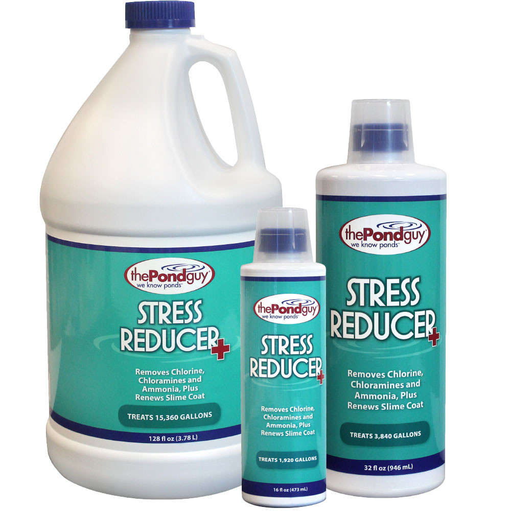 The Pond Guy Stress Reducer Plus bottles in multiple sizes showing pond water conditioner that removes chlorine, chloramines, ammonia and restores fish slime coat