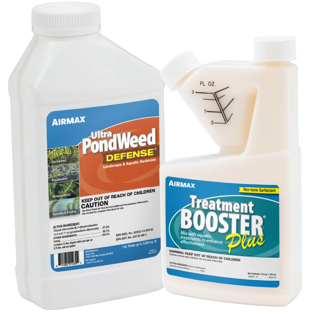 Quart bottle of Airmax Ultra PondWeed Defense aquatic herbicide shown with Treatment Booster Plus surfactant measuring bottle for enhanced weed control.