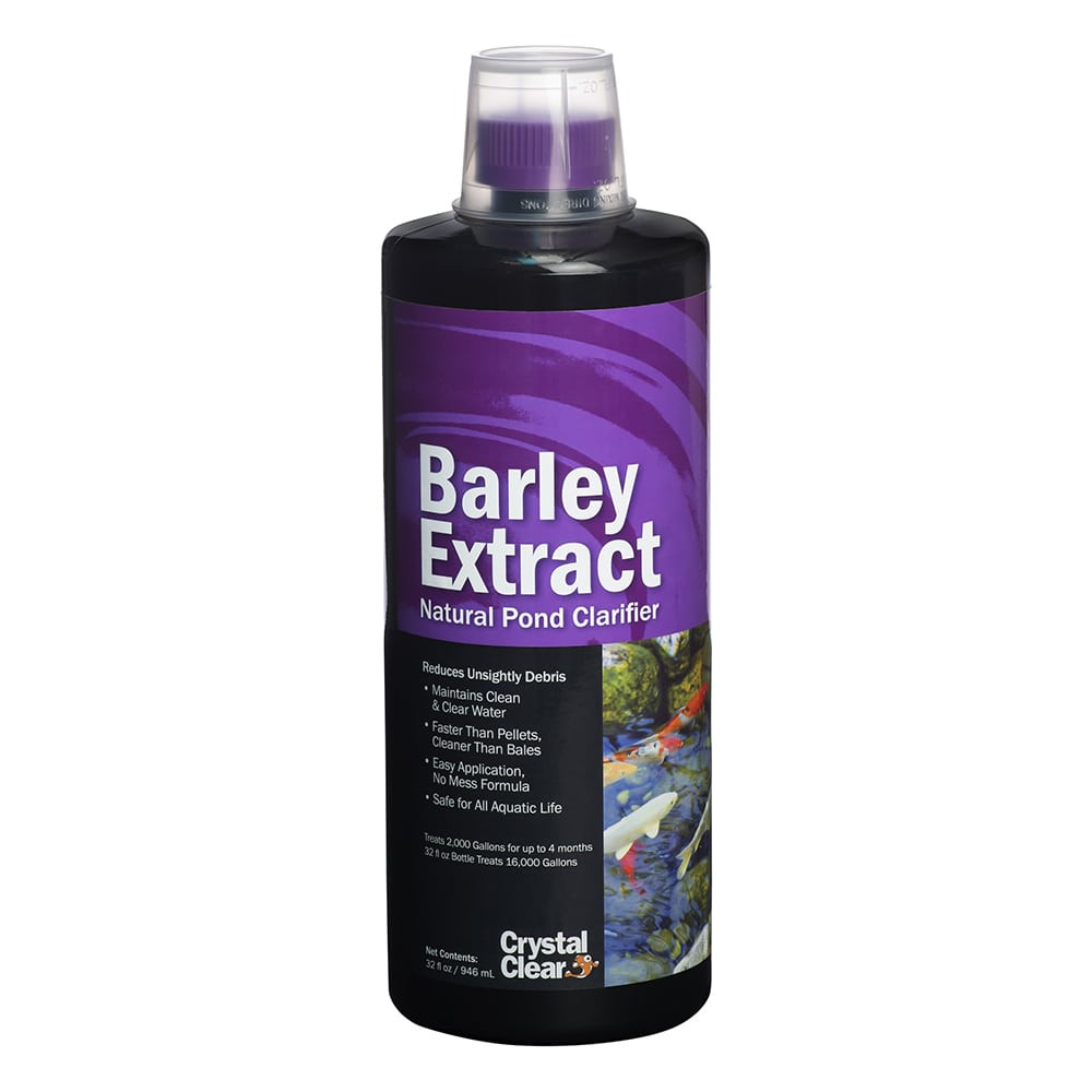 CrystalClear Barley Extract Natural Pond Clarifier 32-ounce black bottle with purple label.