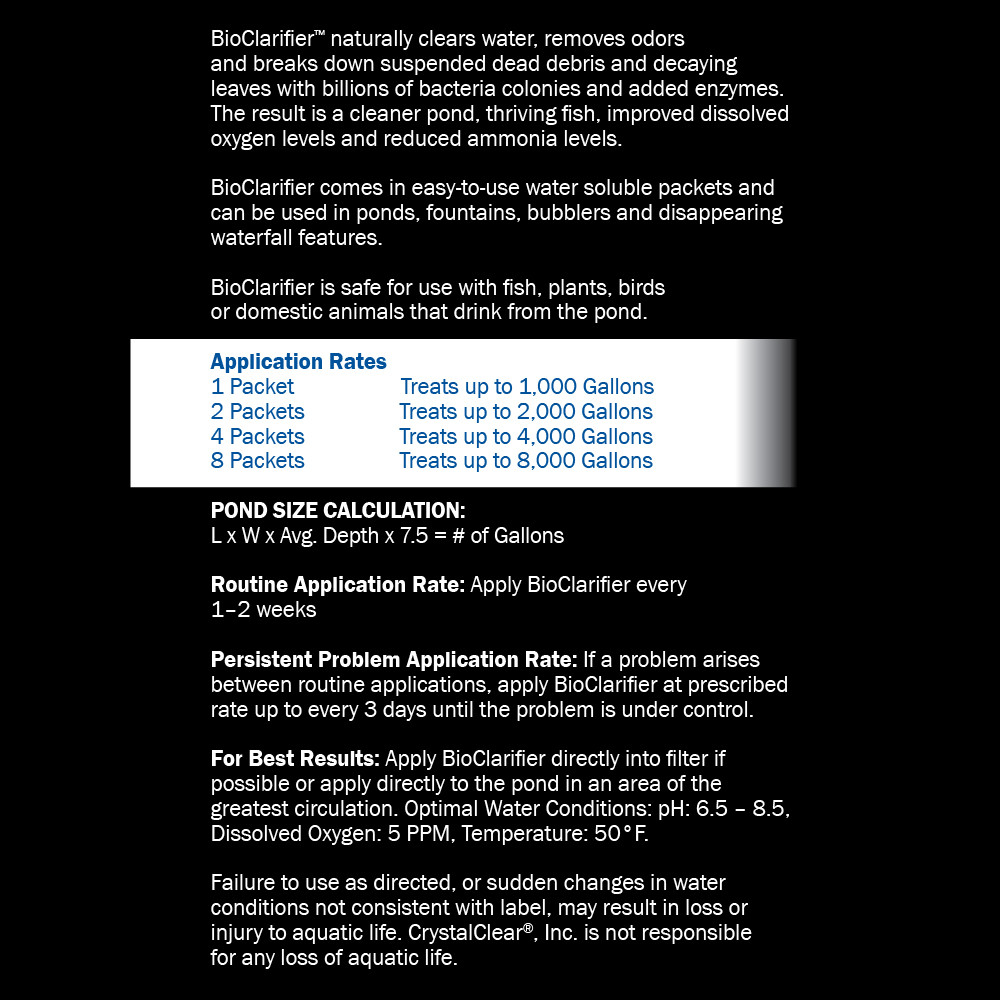 BioClarifier back label with application rates and usage instructions for maintaining clear, balanced pond water with beneficial bacteria.