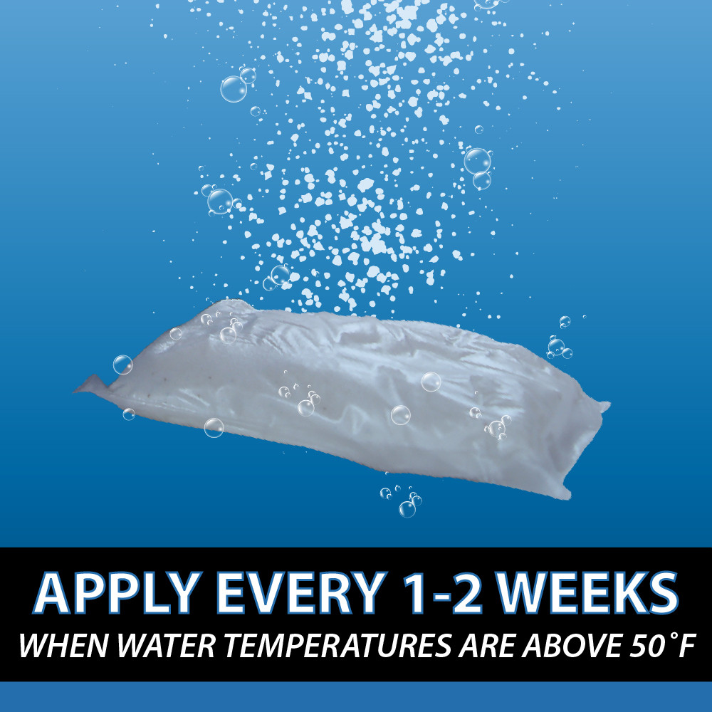 Water soluble BioClarifier packet dissolving in water with bubbles, showing recommended application every 1 to 2 weeks above 50 degrees.