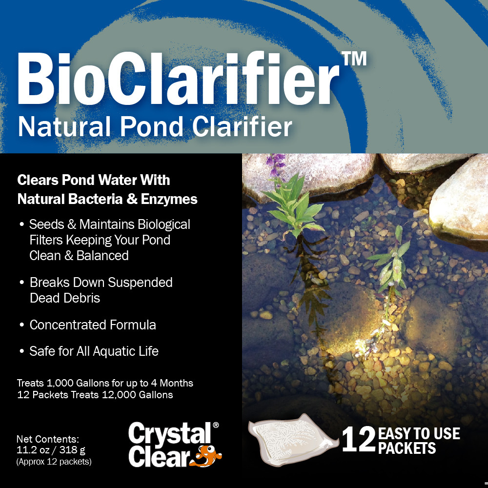 CrystalClear BioClarifier label showing natural pond clarifier with bacteria and enzymes that break down debris and improve water clarity.