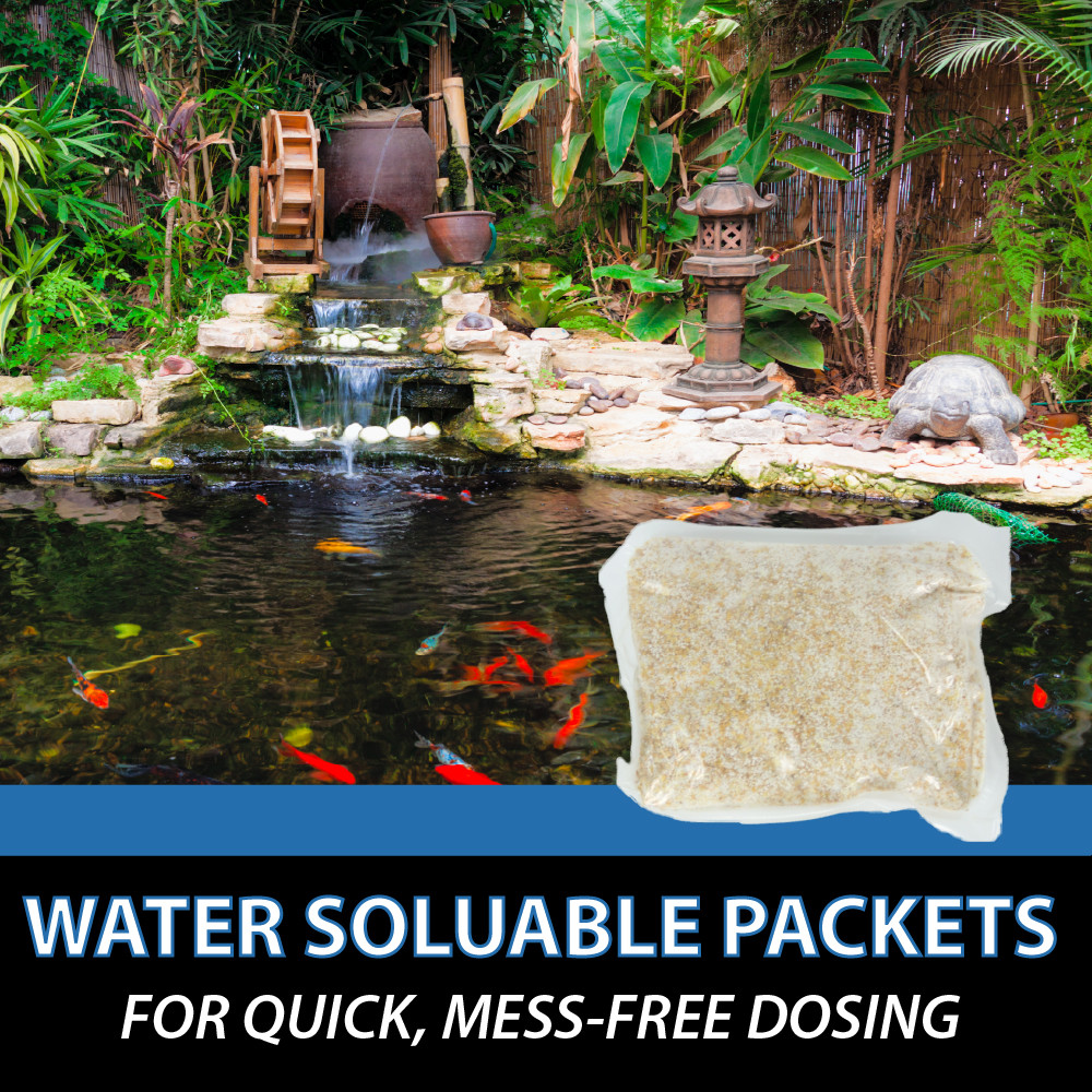 Water soluble BioClarifier packet shown by pond, providing quick, mess-free dosing to help clear water and improve pond health.