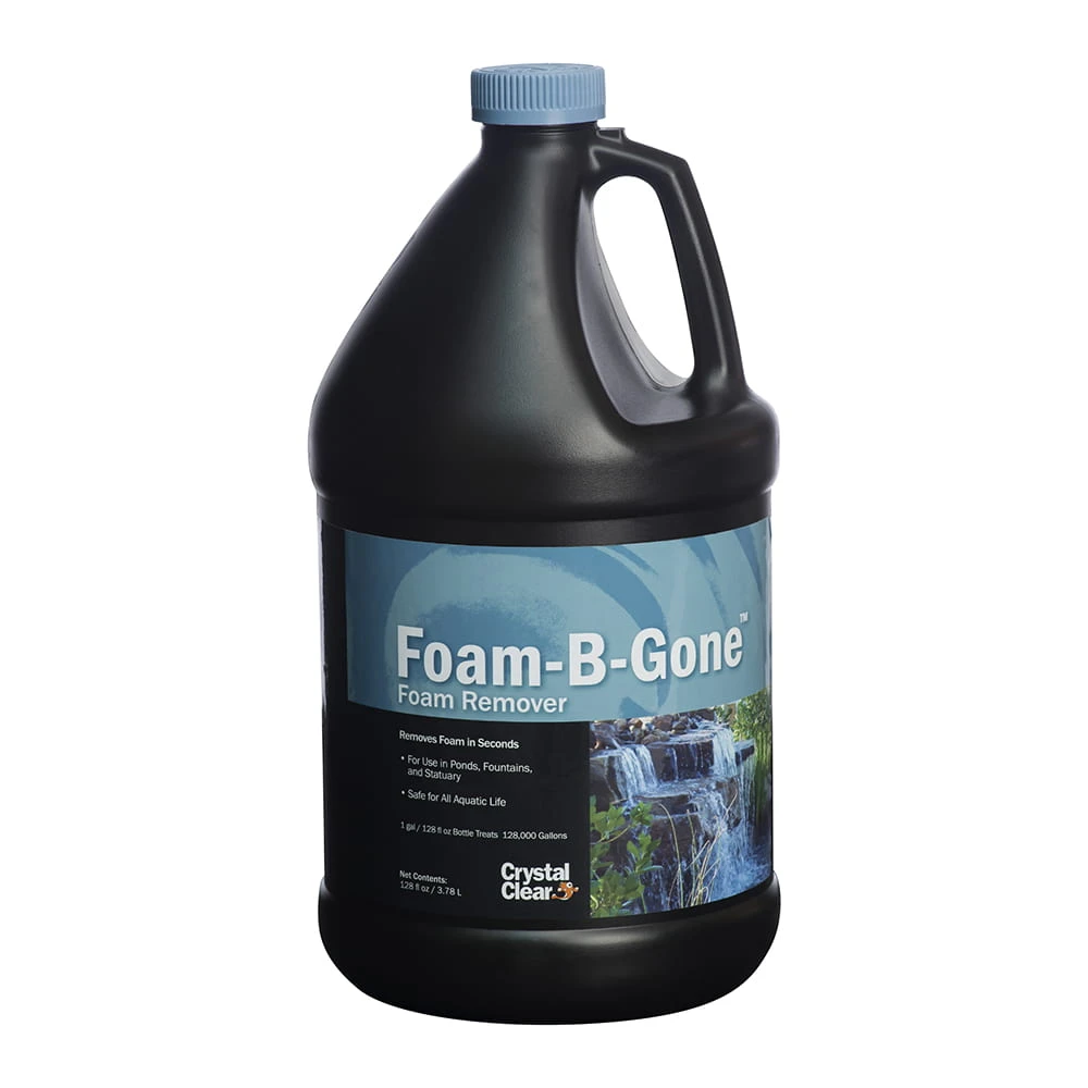 CrystalClear Foam-B-Gone 1-gallon foam remover bottle with blue cap and product label, designed to quickly remove unwanted foam from ponds.