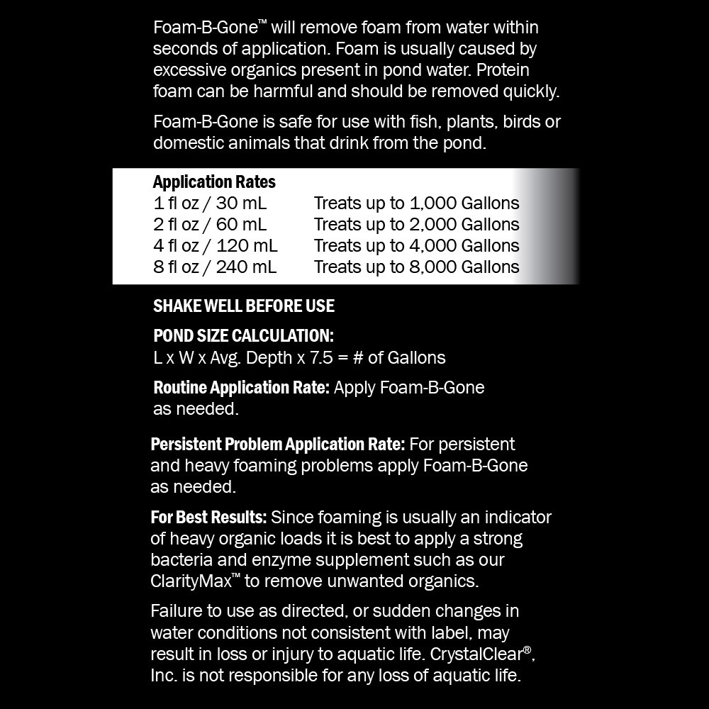 CrystalClear Foam-B-Gone product label with application rates, pond size calculation, usage directions, and guidance for persistent foam.