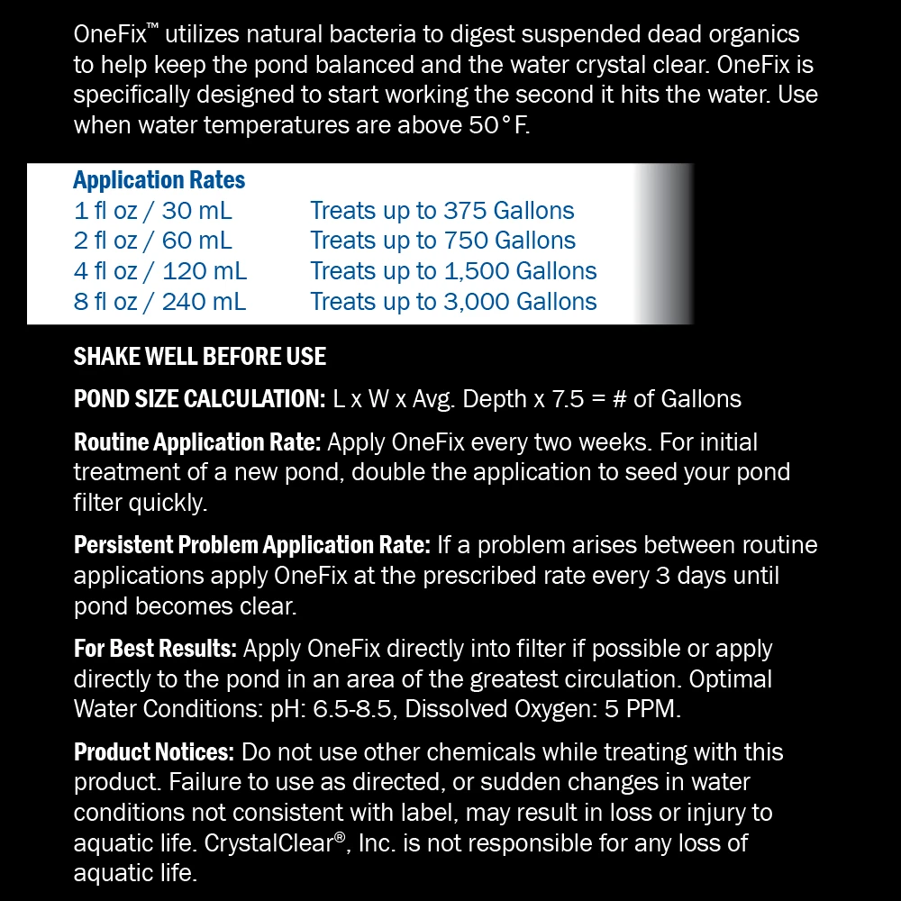 CrystalClear OneFix label with application rates, pond size formula, routine treatment directions, best-use conditions, and product notices.