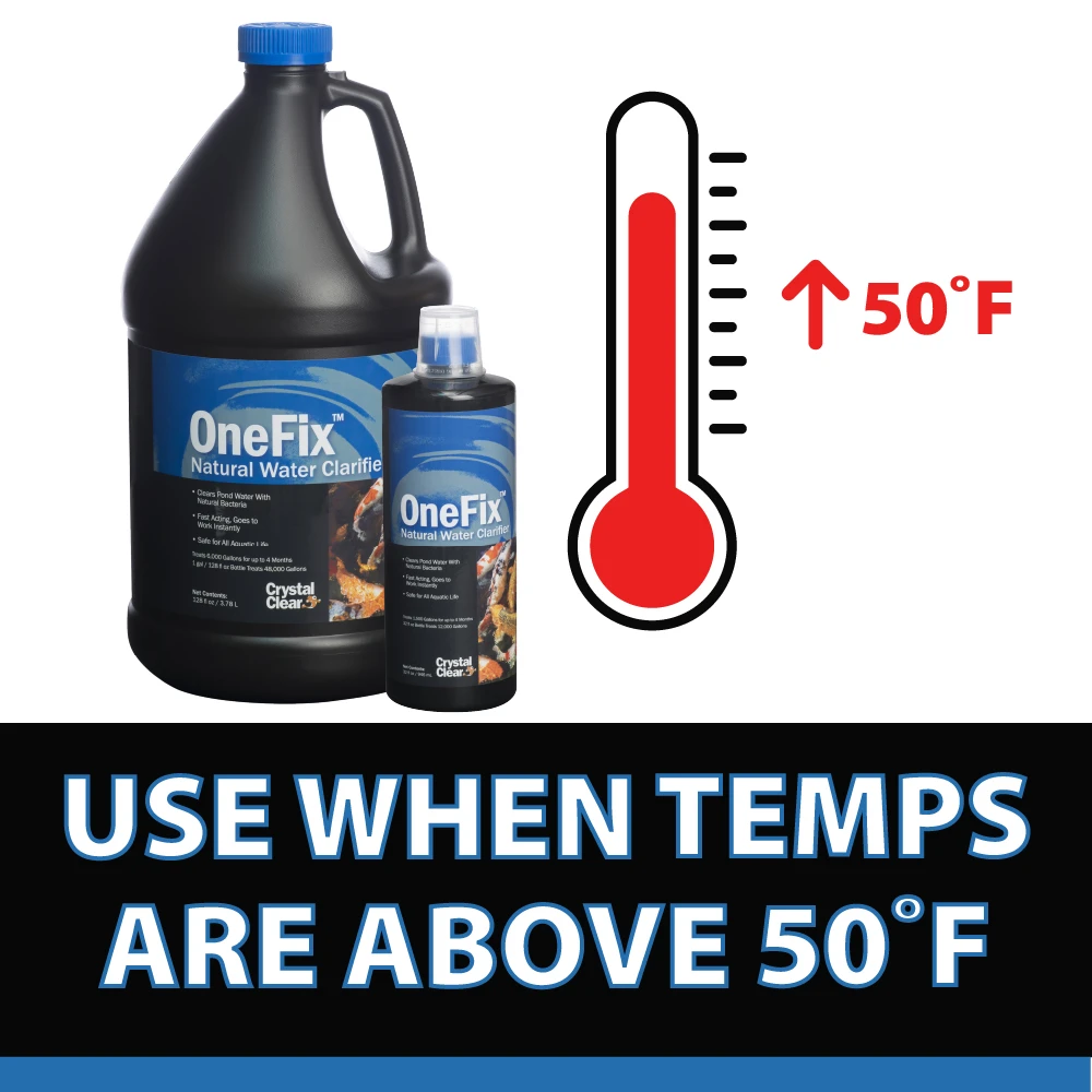 CrystalClear OneFix Natural Water Clarifier bottles beside a thermometer graphic showing use when pond water temperatures are above 50°F.