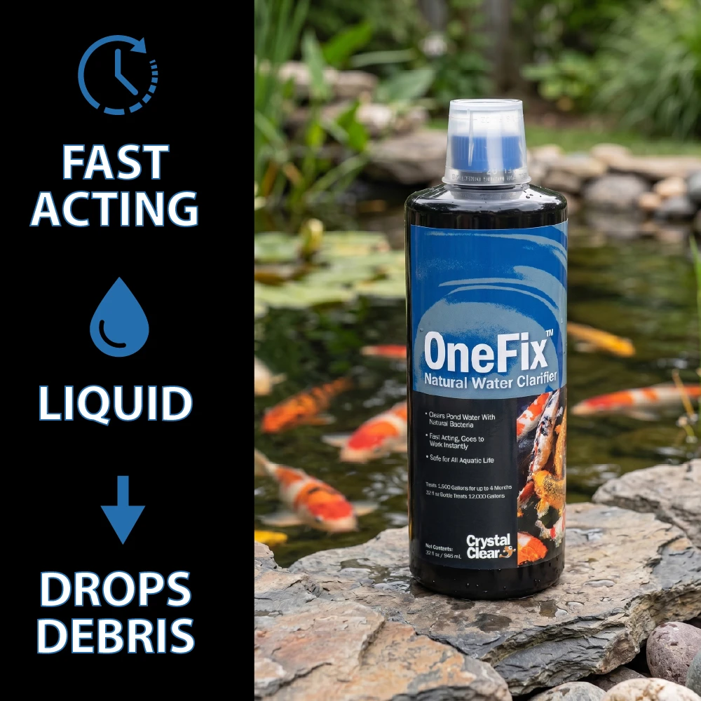 CrystalClear OneFix bottle beside a koi pond with icons highlighting fast-acting liquid treatment that helps drop suspended pond debris.