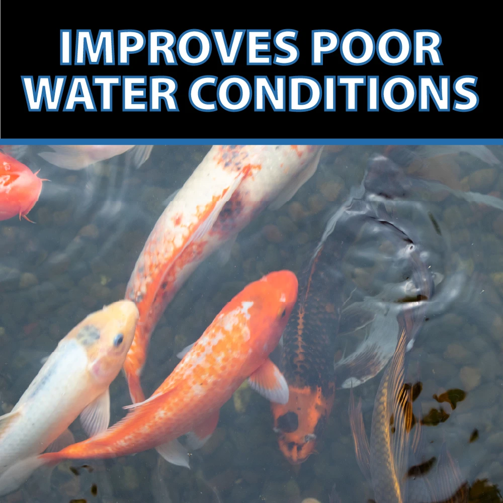 Koi swim in cloudy pond water beneath text stating CrystalClear OneFix improves poor water conditions by helping clarify suspended debris.