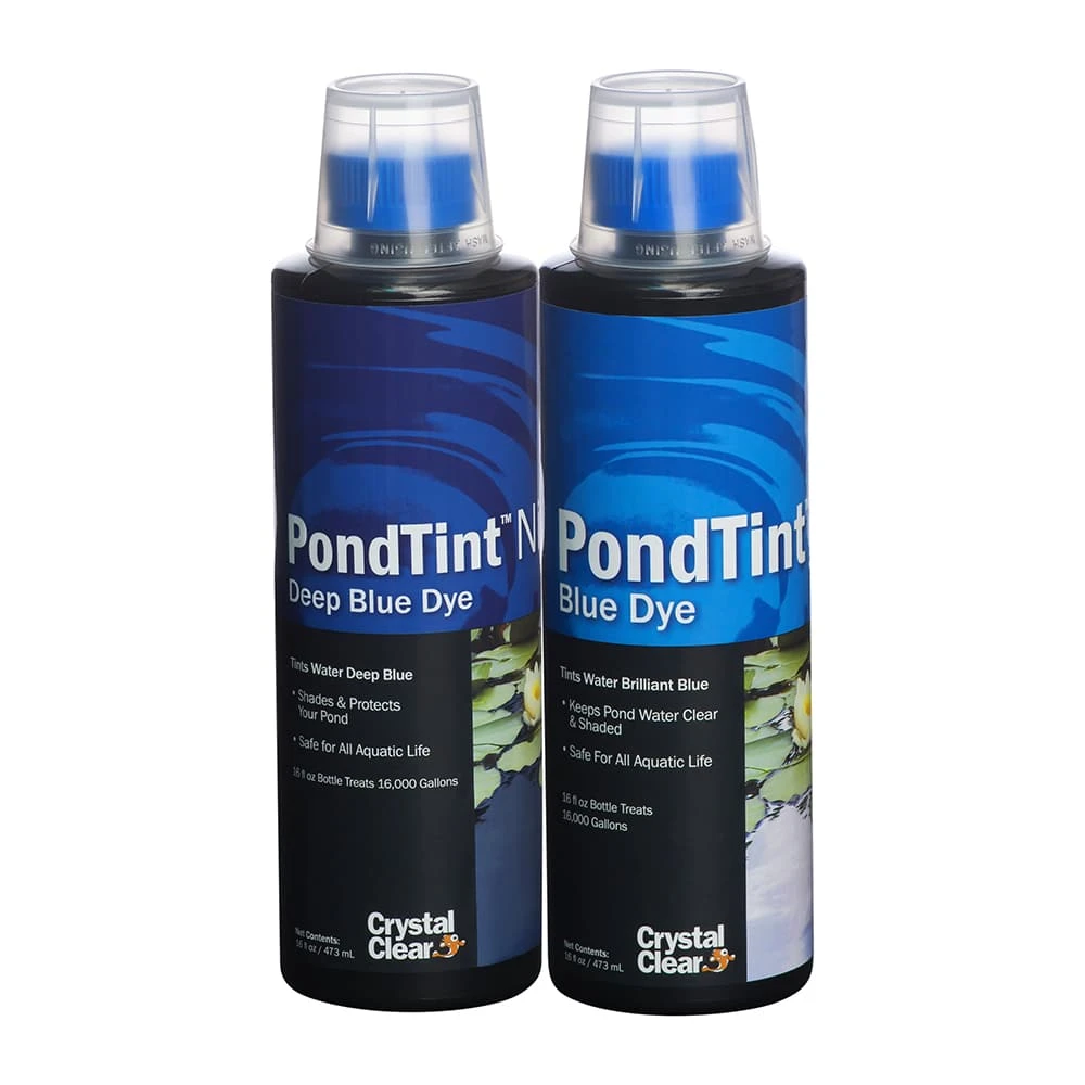 Two CrystalClear PondTint bottles shown side by side, featuring Blue Dye and Nite Deep Blue Dye options for shading and coloring pond water.