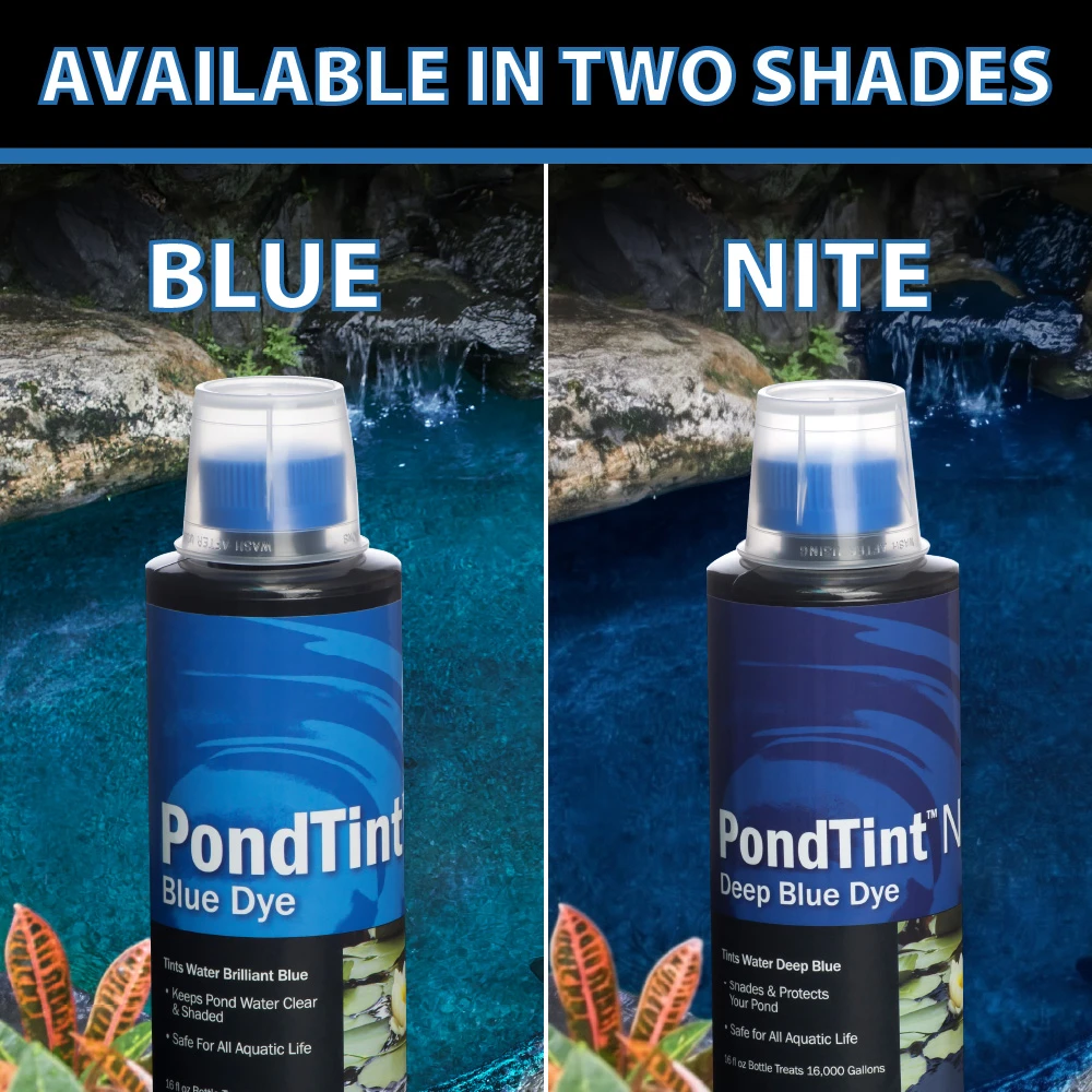 CrystalClear PondTint shown in Blue and Nite shades side by side over a water garden, illustrating the lighter blue and deeper blue color options.
