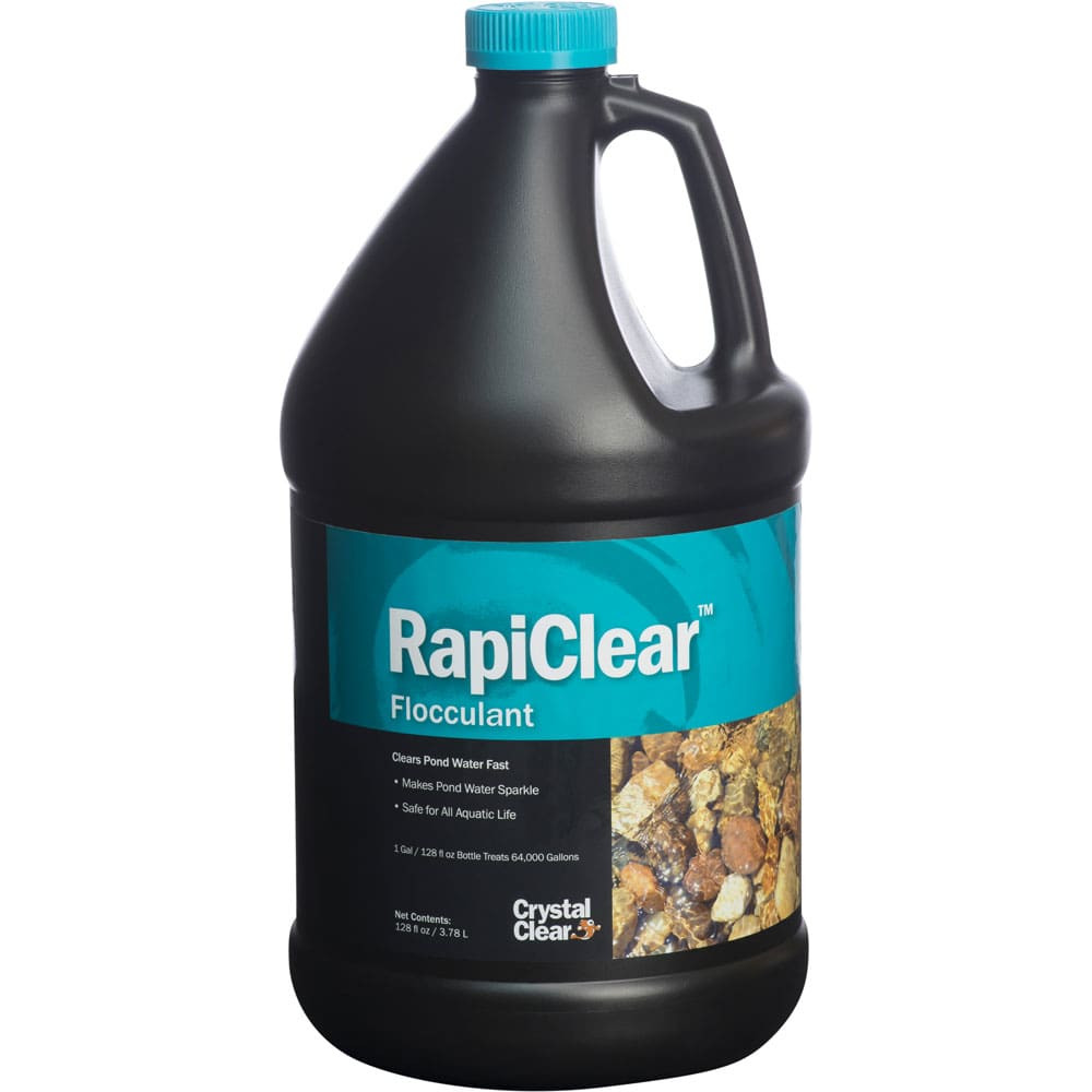 Large CrystalClear RapiClear flocculant jug shown on a white background, designed to rapidly clear cloudy pond water by clumping suspended debris for filtration.