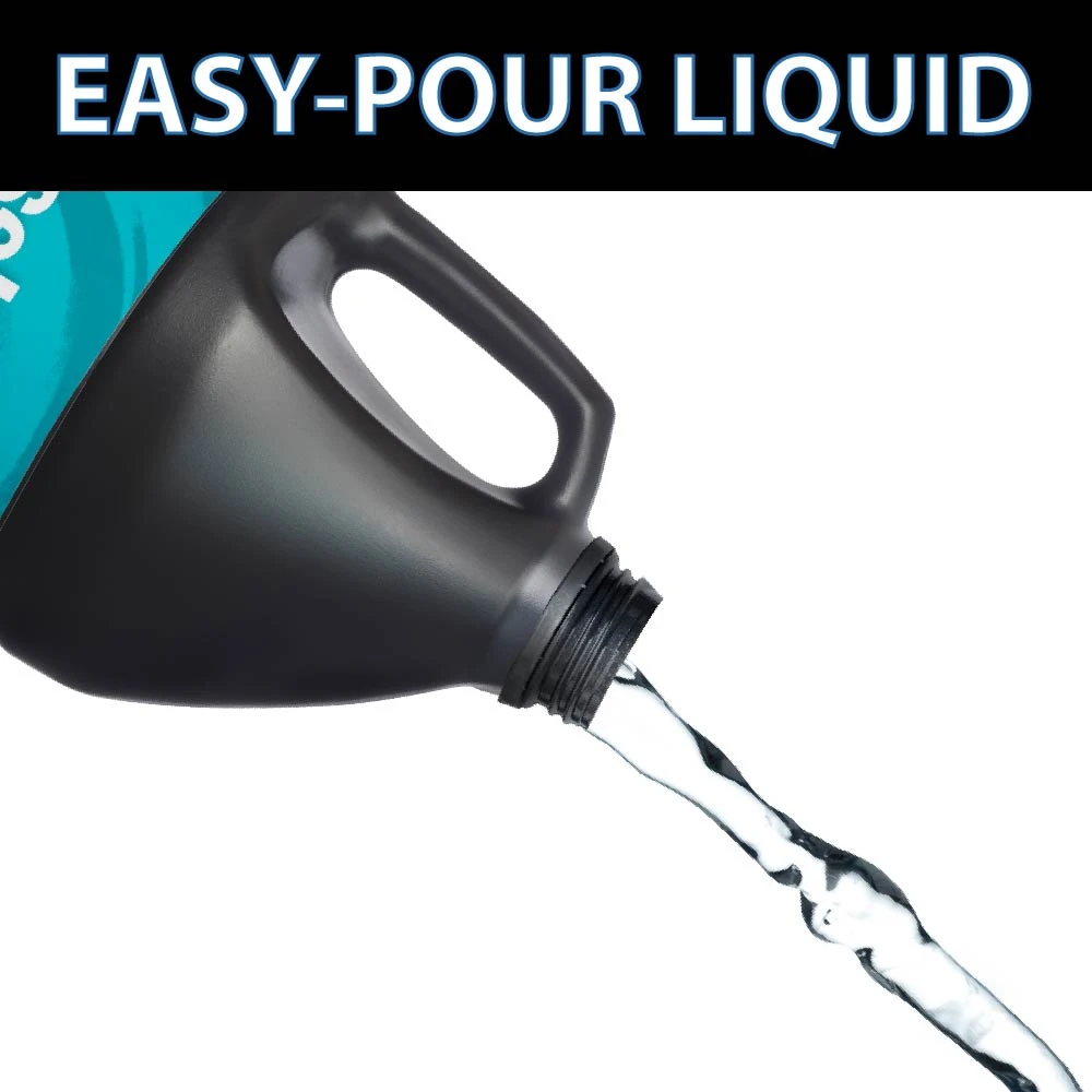 Close-up of CrystalClear RapiClear liquid being poured from a jug with the text “EASY-POUR LIQUID,” highlighting simple application for pond water clarity.