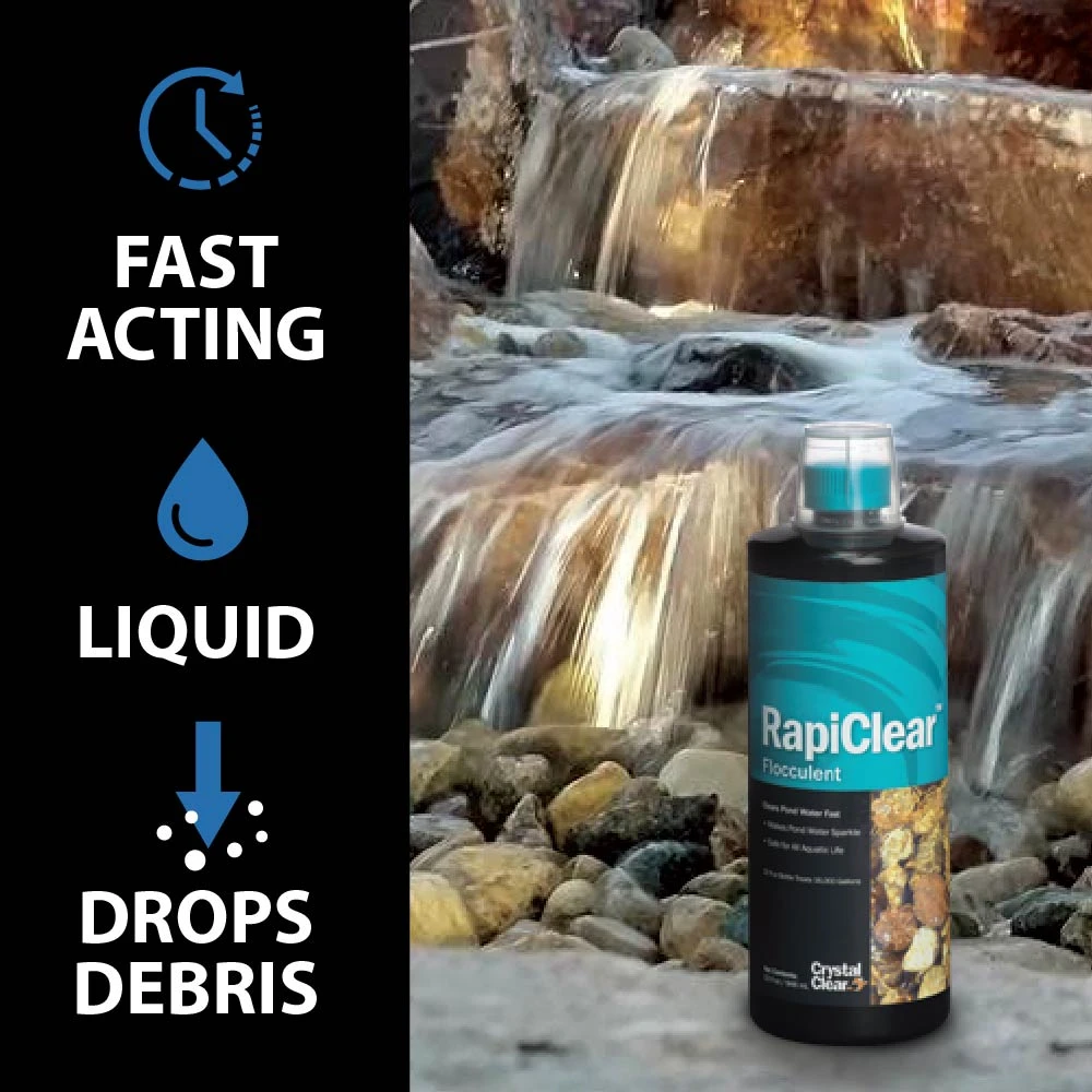 CrystalClear RapiClear flocculant bottle shown near a waterfall with the text “FAST ACTING,” “LIQUID,” and “DROPS DEBRIS,” highlighting rapid pond water clarity.