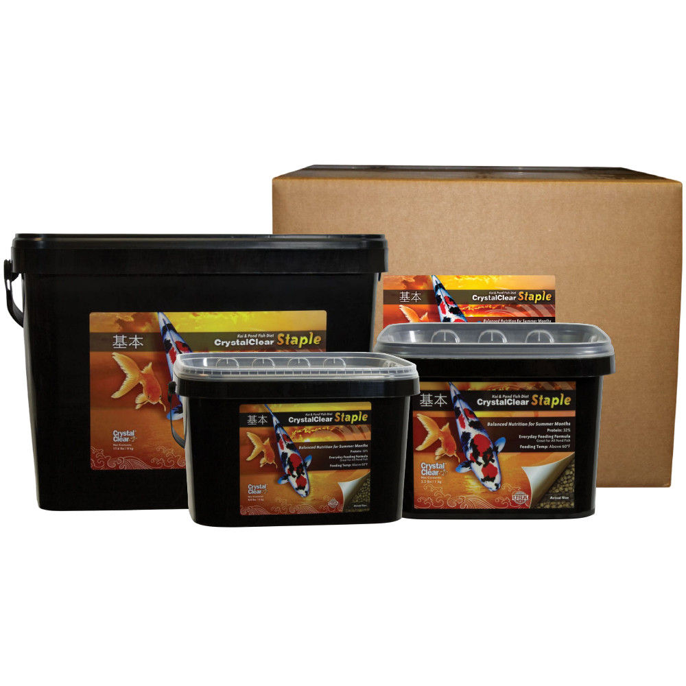 CrystalClear Staple Fish Food in four sizes: three black buckets and one large cardboard box.