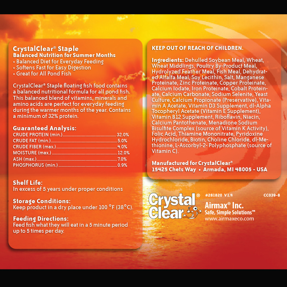 CrystalClear Staple Fish Food label with nutrition info and ingredients