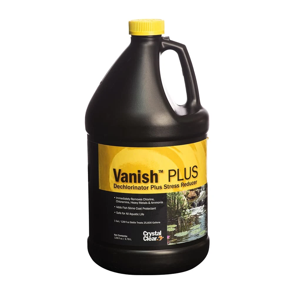 CrystalClear Vanish Plus 1-gallon pond dechlorinator jug with handle for removing chlorine, chloramine and heavy metals from water.