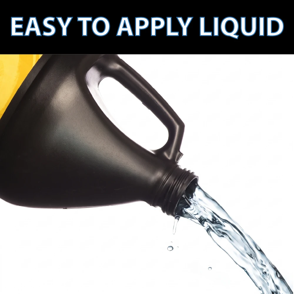 Black gallon jug pours clear Vanish Plus pond treatment against a white background beneath the message Easy to Apply Liquid for easy dosing.