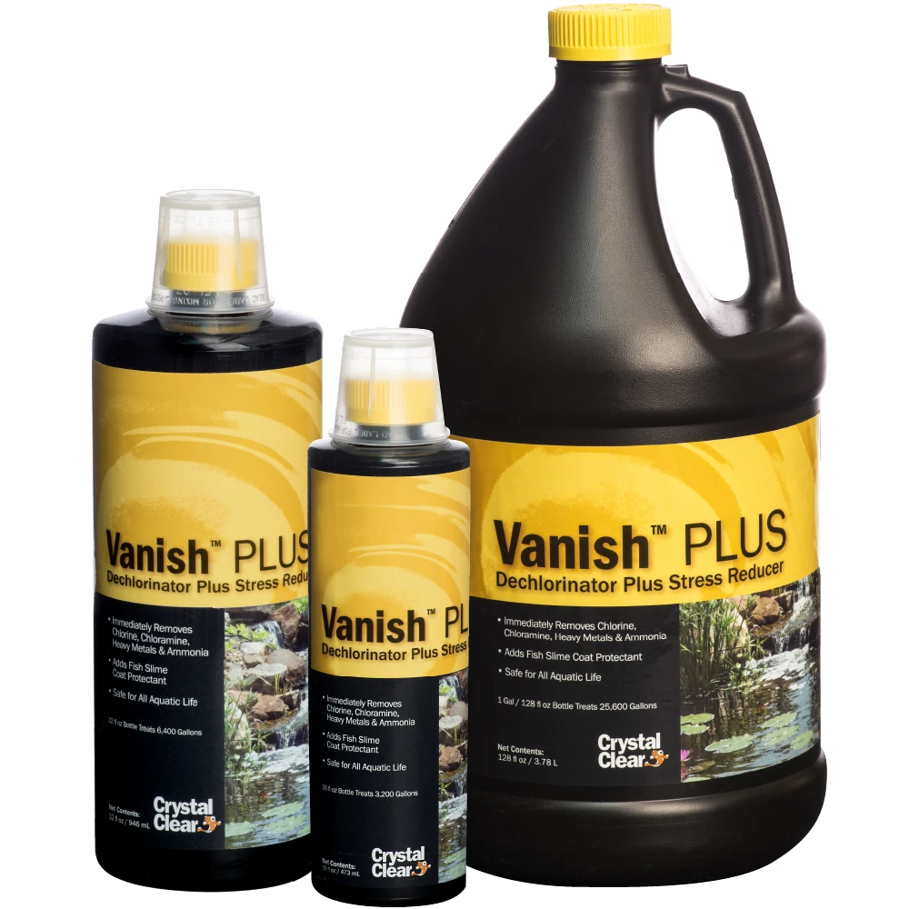 Three CrystalClear Vanish Plus dechlorinator bottles in 16-ounce, 32-ounce and 1-gallon sizes with yellow labels and measuring caps.