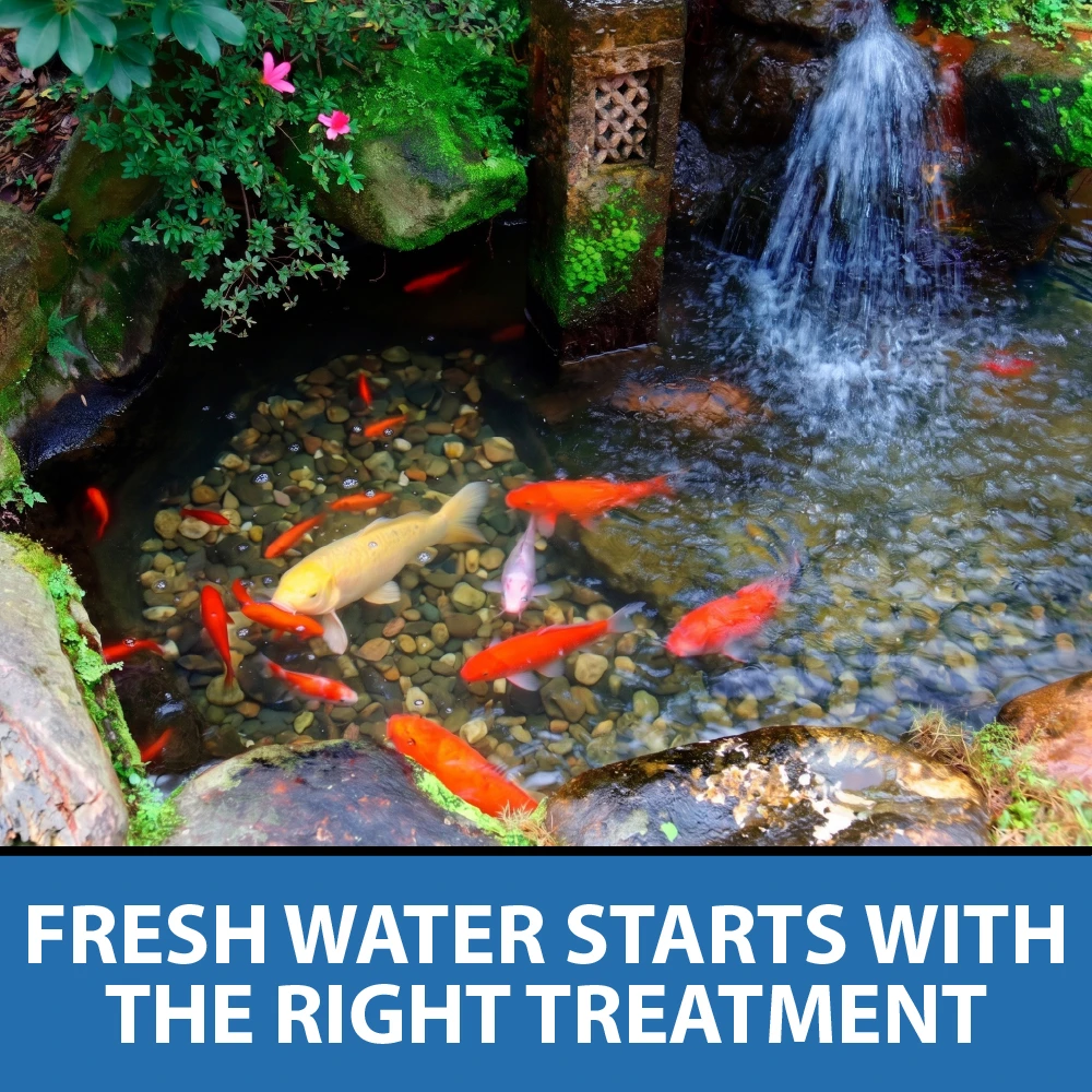 Koi swimming beneath a garden pond waterfall with plants and rocks, paired with the message Fresh Water Starts With the Right Treatment.