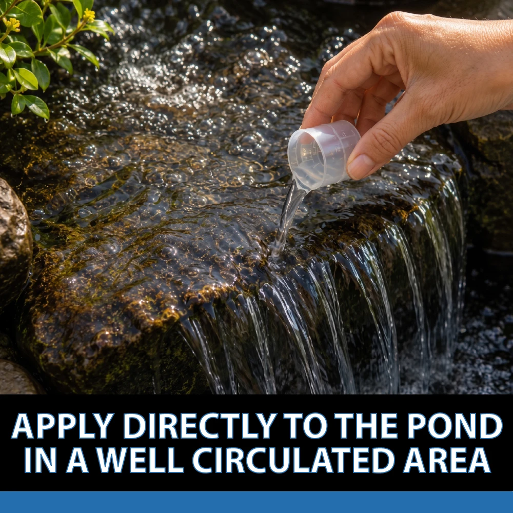Hand pours measured pond treatment into flowing water near a waterfall, with instructions to apply directly in a well-circulated area.