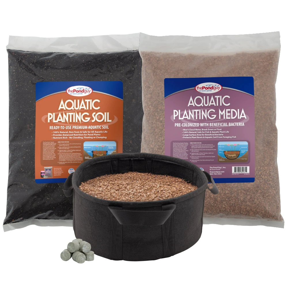 Medium aquatic planting kit with planting soil, planting media, fertilizer tabs, and 4-gallon fabric planter for water lilies.