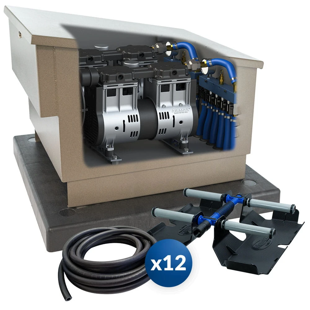 Airmax LakeSeries LS120 aeration system with open aluminum cabinet, dual compressors, airline, and twelve ProAir 4 weighted diffuser plates.