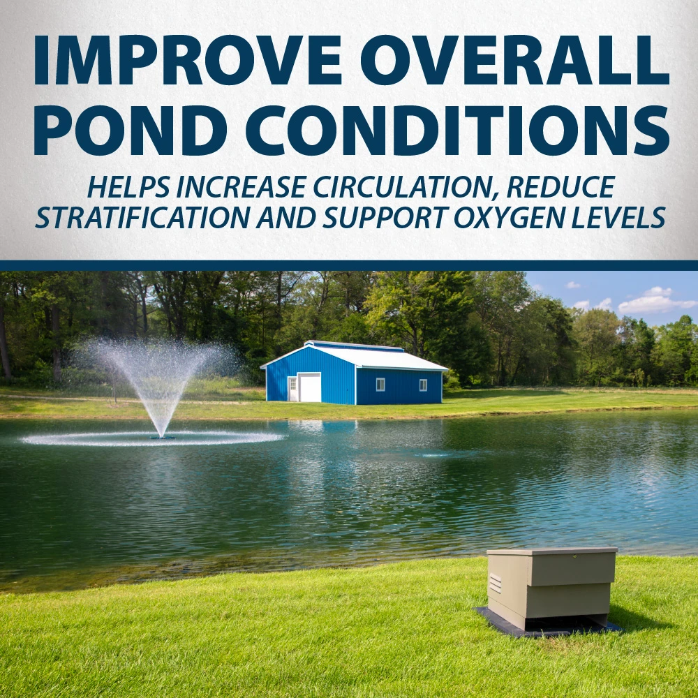 Airmax LakeSeries aeration cabinet beside a pond with visible diffuser bubbles, highlighting circulation, oxygen support, and reduced stratification.