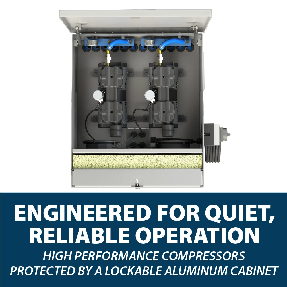 Open Airmax LakeSeries aluminum cabinet showing dual rocking piston compressors, blue airline connections, cooling fans, and controls.