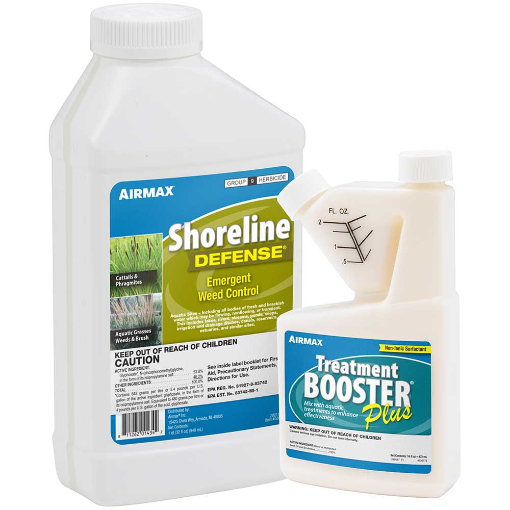 Shoreline Defense with Airmax Treatment Booster Plus, an aquatic surfactant that improves results.