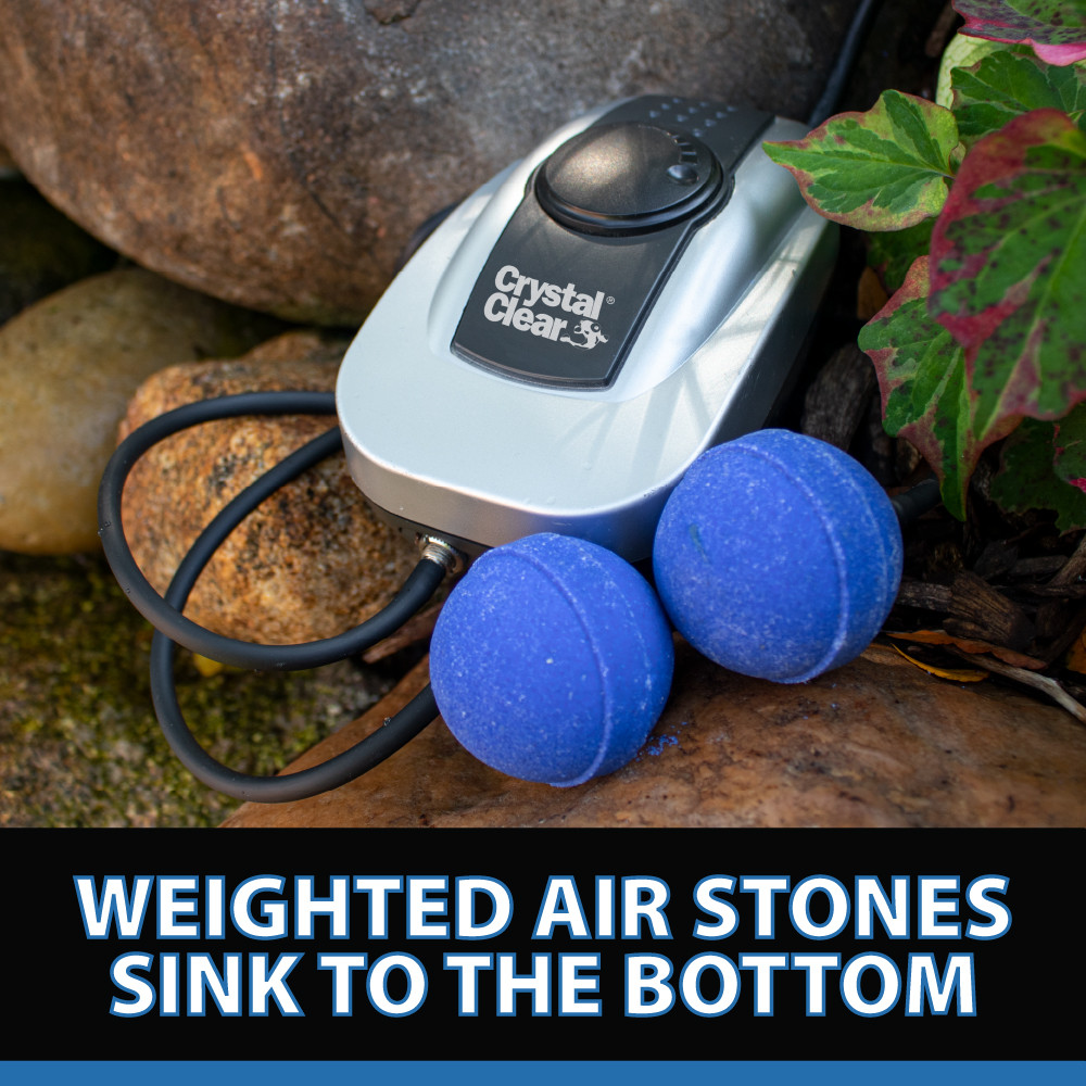 A PondAir 2 aeration system with the bottom text “Weighted Air Stones Sink to the Bottom”.