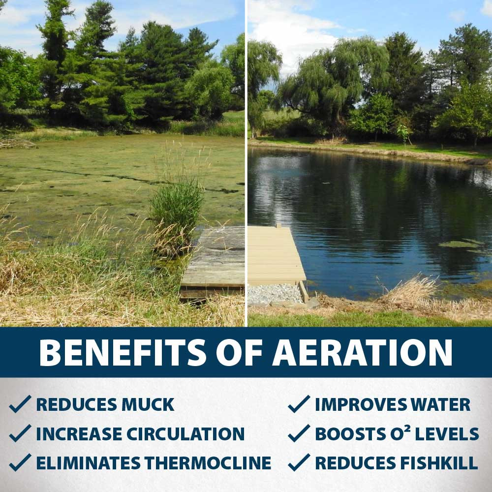 A split image of a pond, the left algae-covered and the right clean, with text: “Benefits of aeration: reduces muck, improves water, increase circulation, boosts O2 levels, eliminates thermocline, reduces fish kill”.
