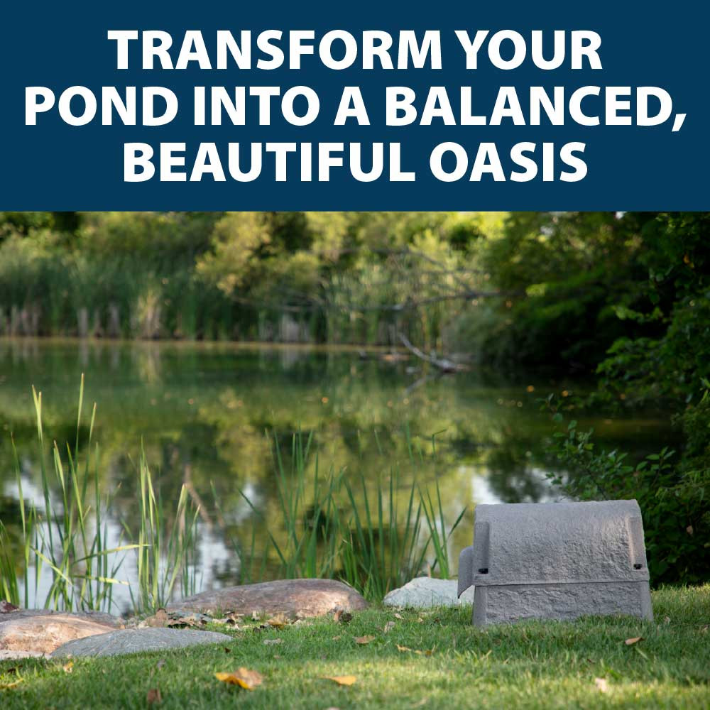 A faux-rock composite cabinet housing a PondSeries aerator next to a clean pond, with text: “Transform your pond into a balanced, beautiful oasis”.