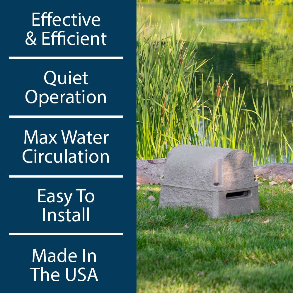 An Airmax PondSeries Composite cabinet next to a vibrant pond, with text: “Effective & efficient, quiet operation, max water circulation, easy to install, made in the USA”.