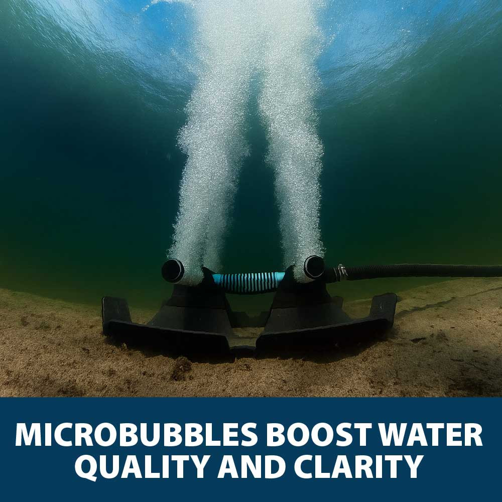 The PondSeries Aeration submersed in a pond, emitting a rising column of bubbles, with text: “Microbubbles deliver maximum oxygen saturation”.