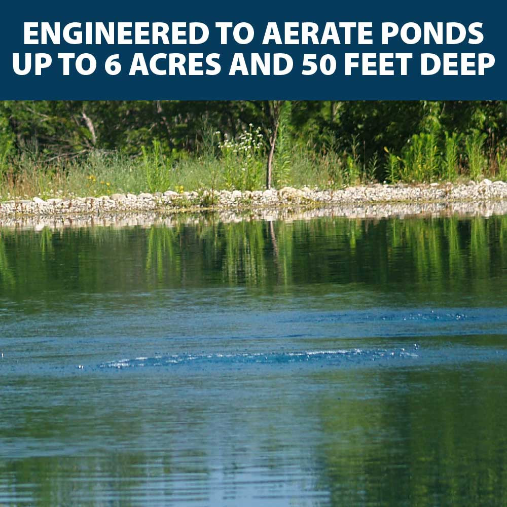 Aeration bubbles churning the surface of a pristine pond, with text: “Engineered to aerate ponds up to 6 acres and 50 feet deep”.