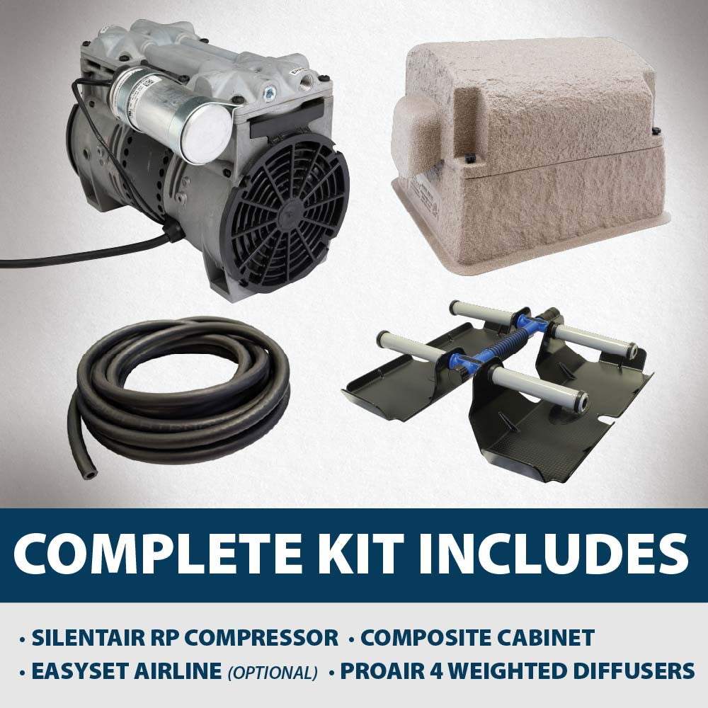 The Airmax PondSeries Aeration Complete Kit Includes: SilentAir RP Compressor, Composite Cabinet, EasySet Airline (Optional), ProAir 4 Weighted Diffusers.