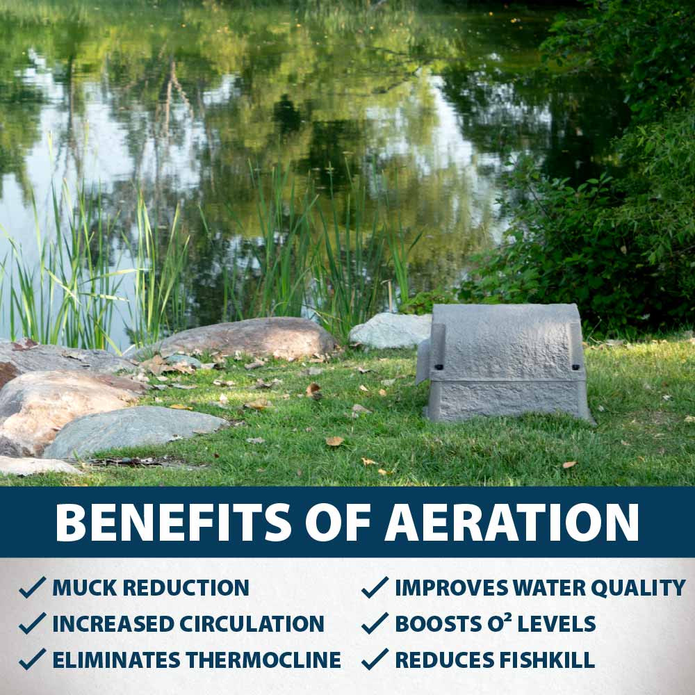 A faux-rock composite cabinet housing a Shallow Water series aerator next to a clean pond, with text: “Benefits of aeration: muck reduction, improves water quality, increased circulation, boosts O2 levels, eliminates thermocline, reduces fish kill”.