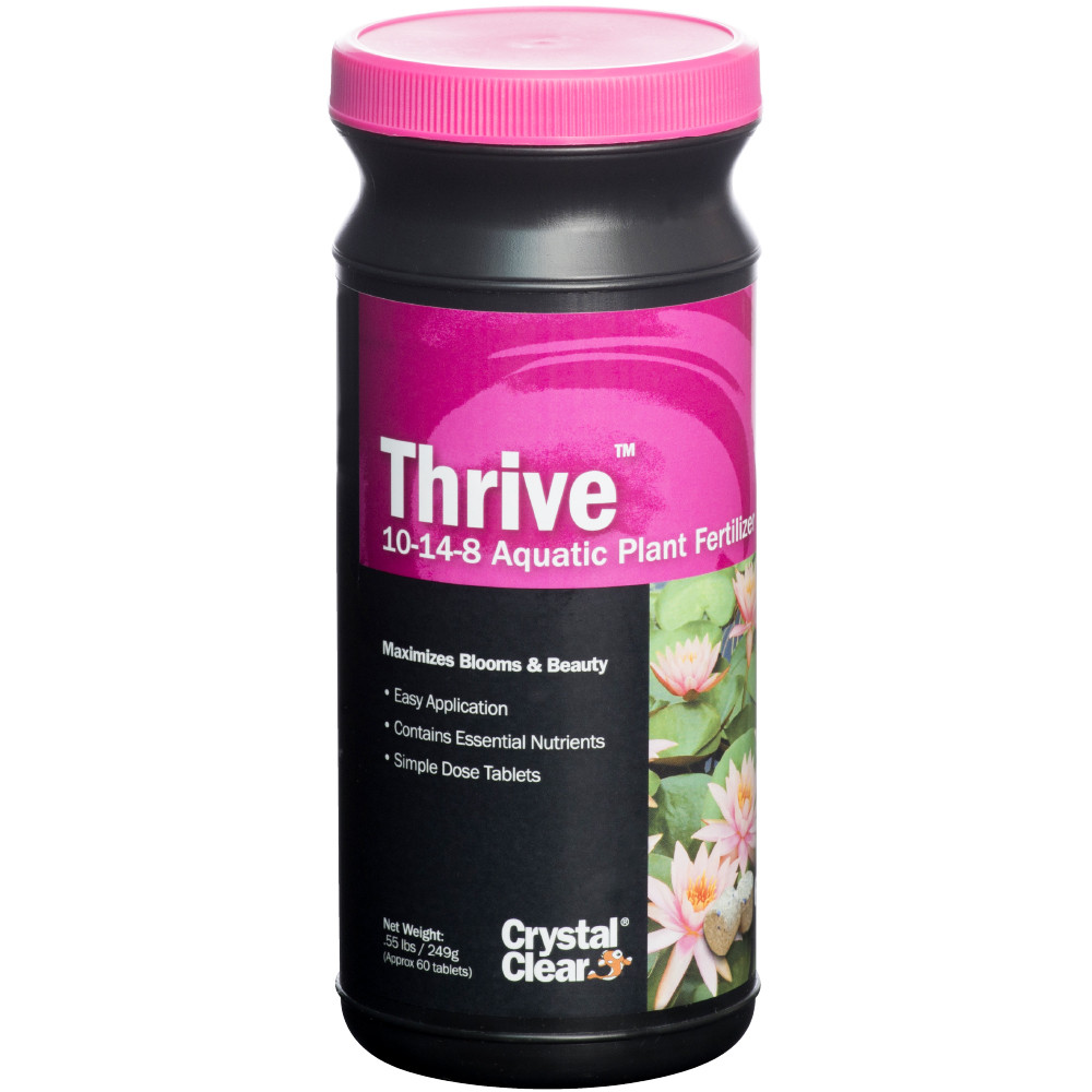 CrystalClear Thrive 10-14-8 Aquatic Plant Fertilizer 60-tablet black jar with a pink label.