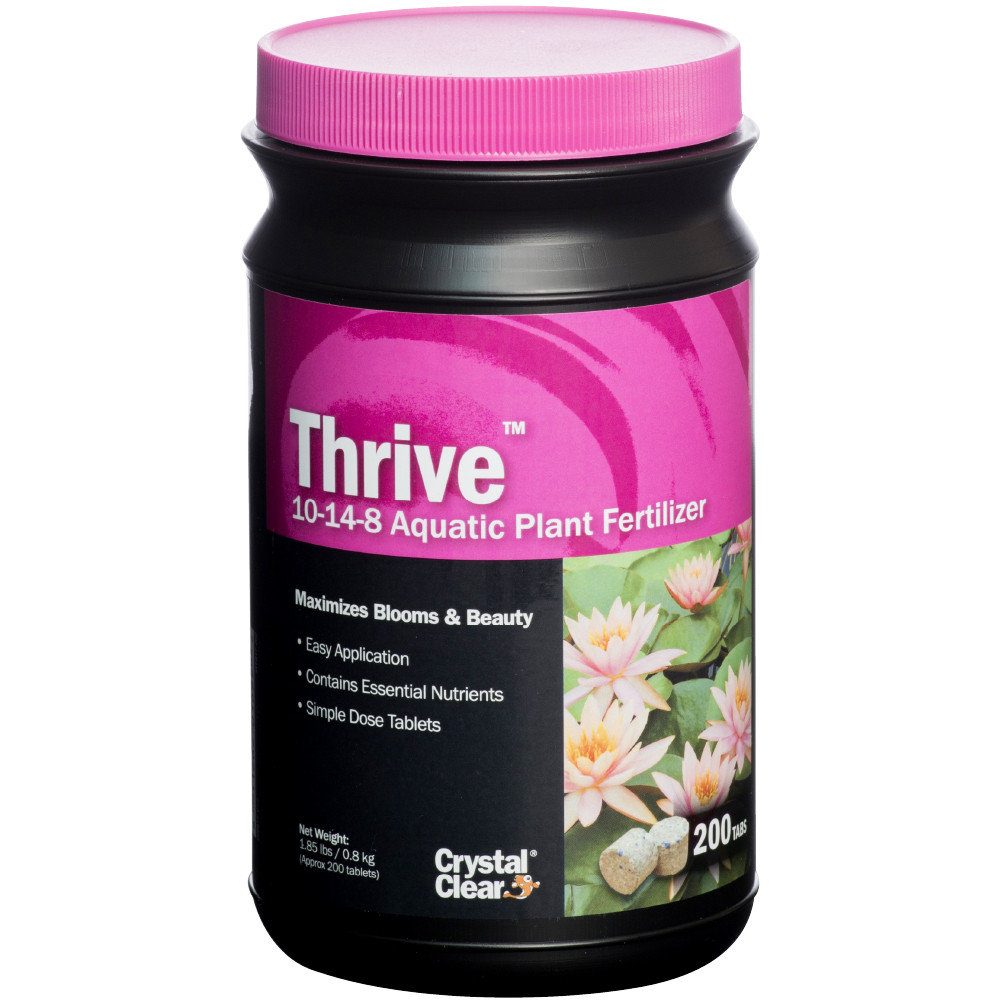 CrystalClear Thrive 10-14-8 Aquatic Plant Fertilizer 200-tablet black jar with a pink label.