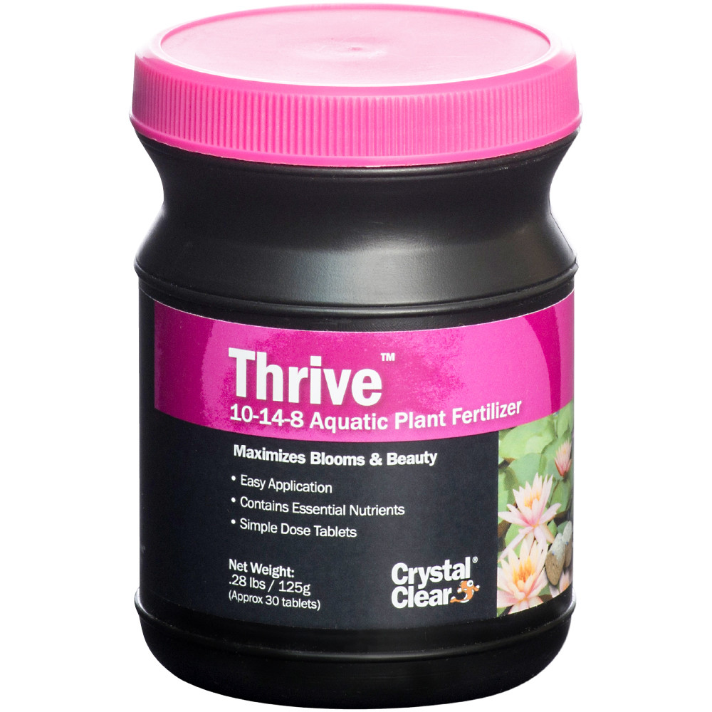 CrystalClear Thrive 10-14-8 Aquatic Plant Fertilizer 30-tablet black jar with a pink label.