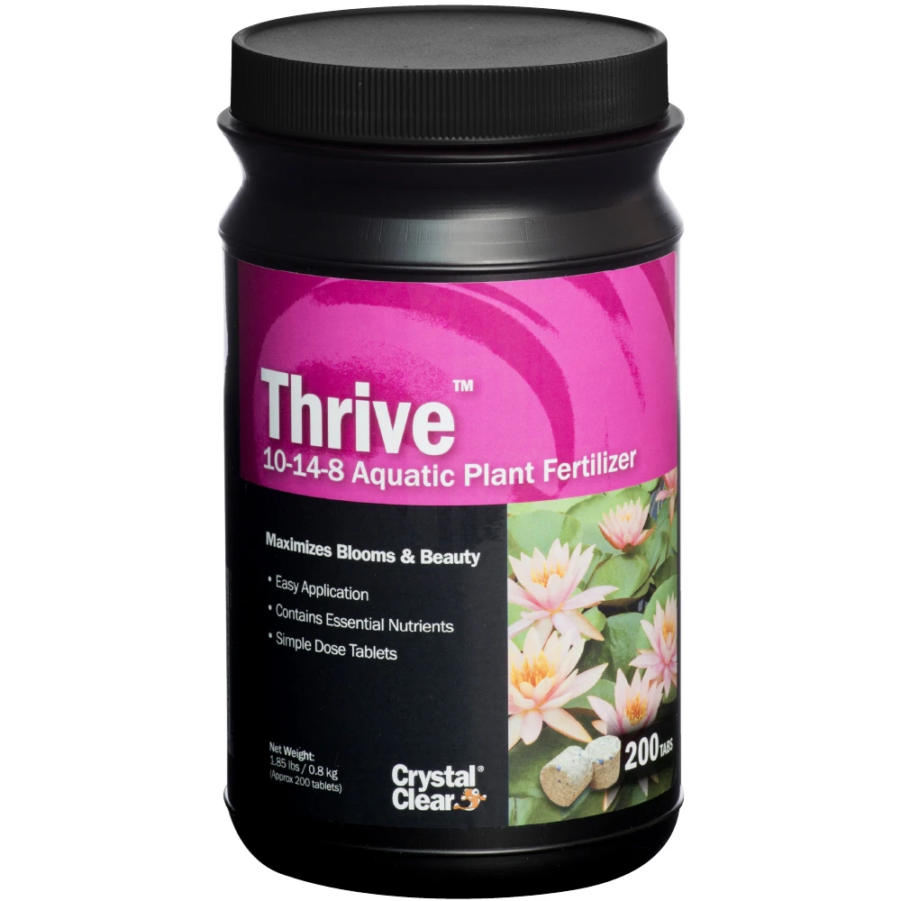 CrystalClear Thrive 10-14-8 aquatic plant fertilizer 200-tablet container with black lid and pink label featuring blooming water lilies.