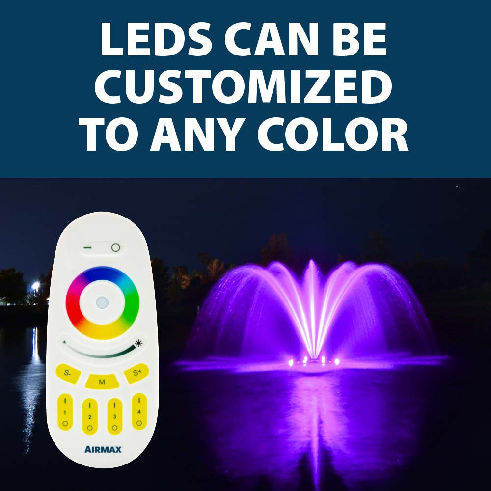 A fountain illuminated in pastel purple and a superimposed remote, with text: “LEDs can be customized to any color”.