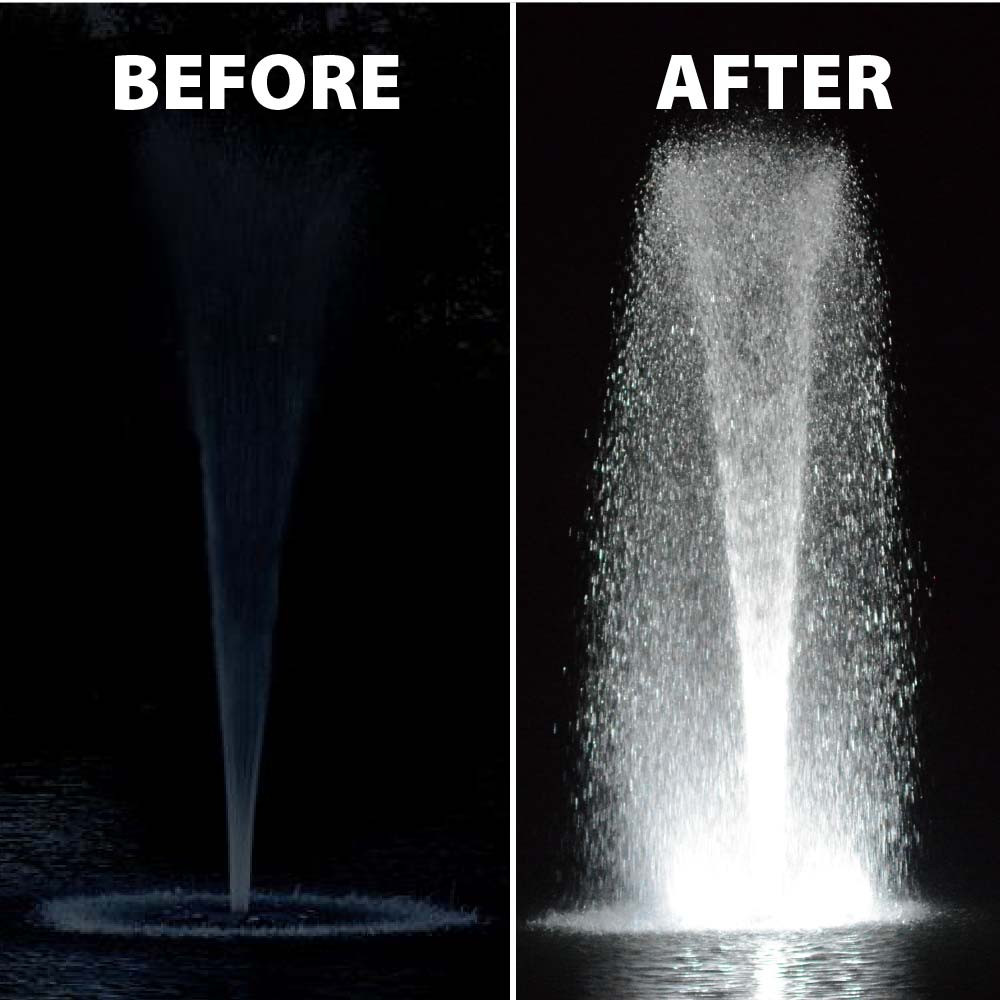 Before & after image showing a nearly invisible fountain at night, then highlighted starkly against the night sky when illuminated by the light set.
