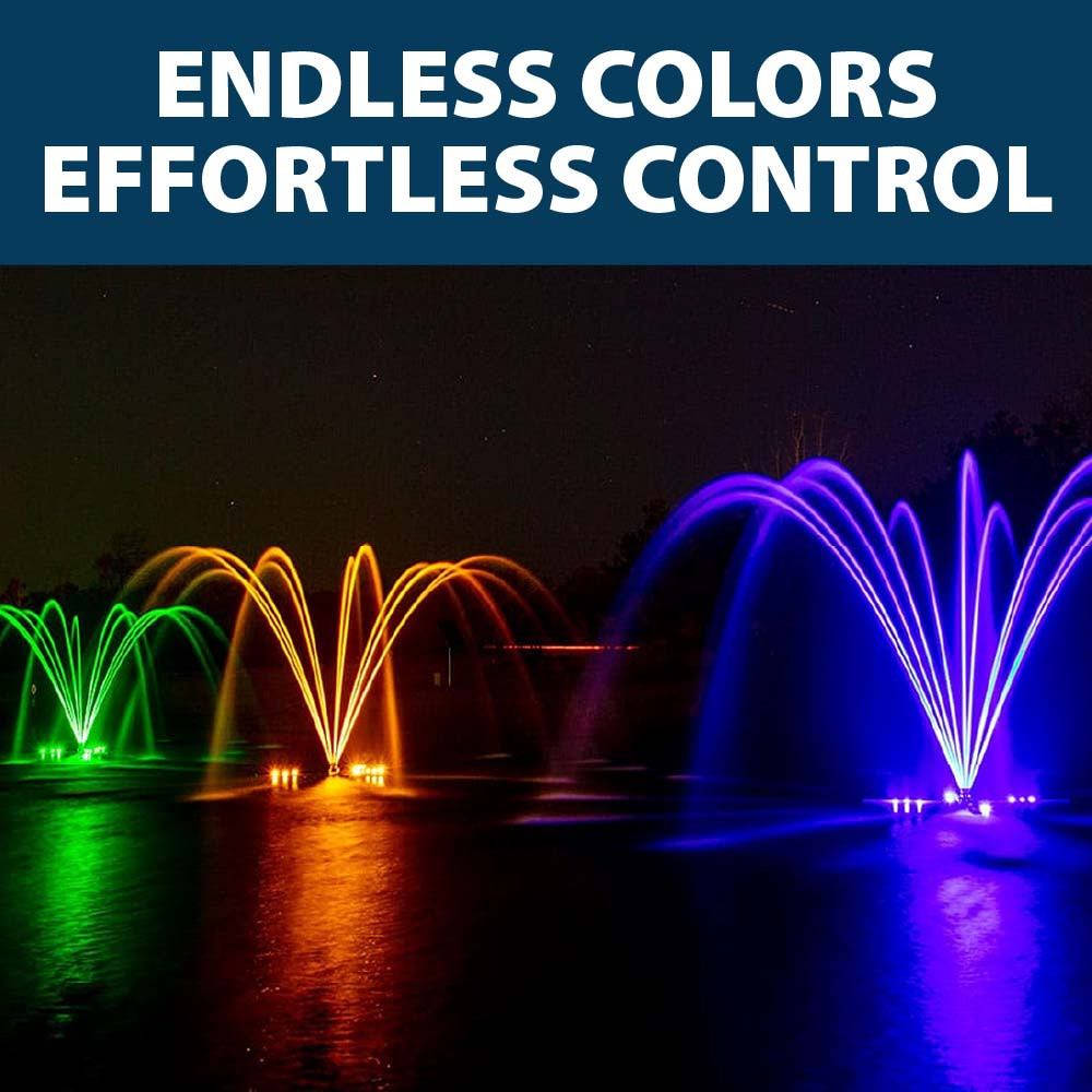 Three nighttime fountain displays lit up green, orange, and purple, with text: “Endless colors – effortless control”.