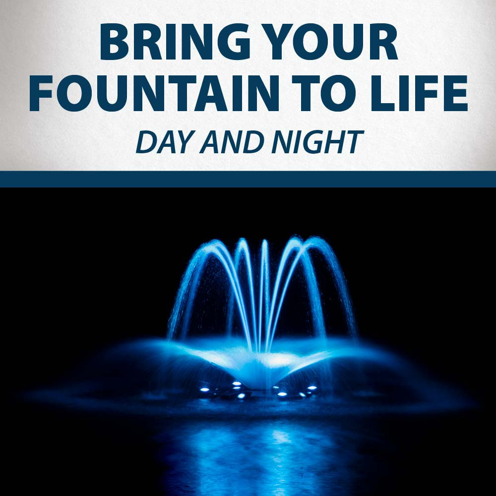 A blossom fountain illuminated in pastel blue, with text: “Bring your fountain to life day and night”.