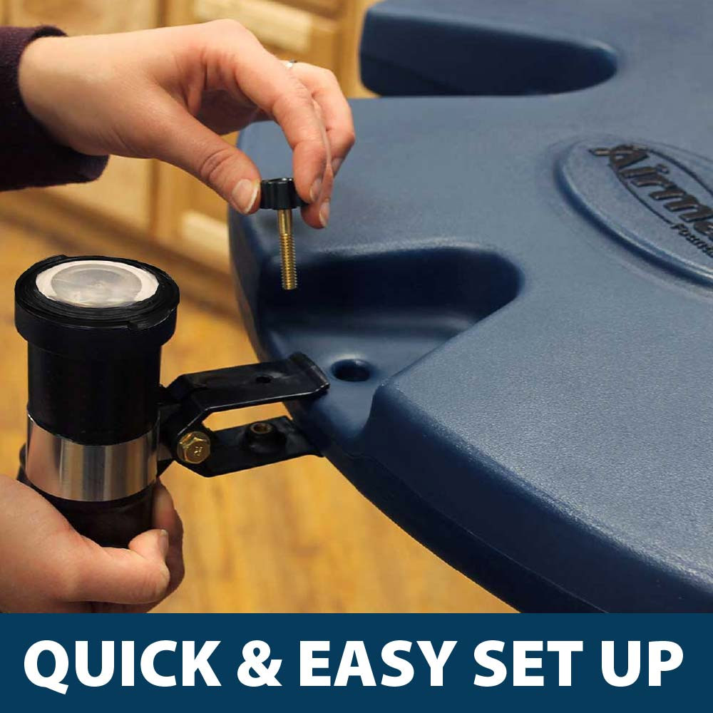 A person installing an individual light’s pre-fitted clamp with a thumb screw onto a fountain float, with text: “Quick & easy set up”.