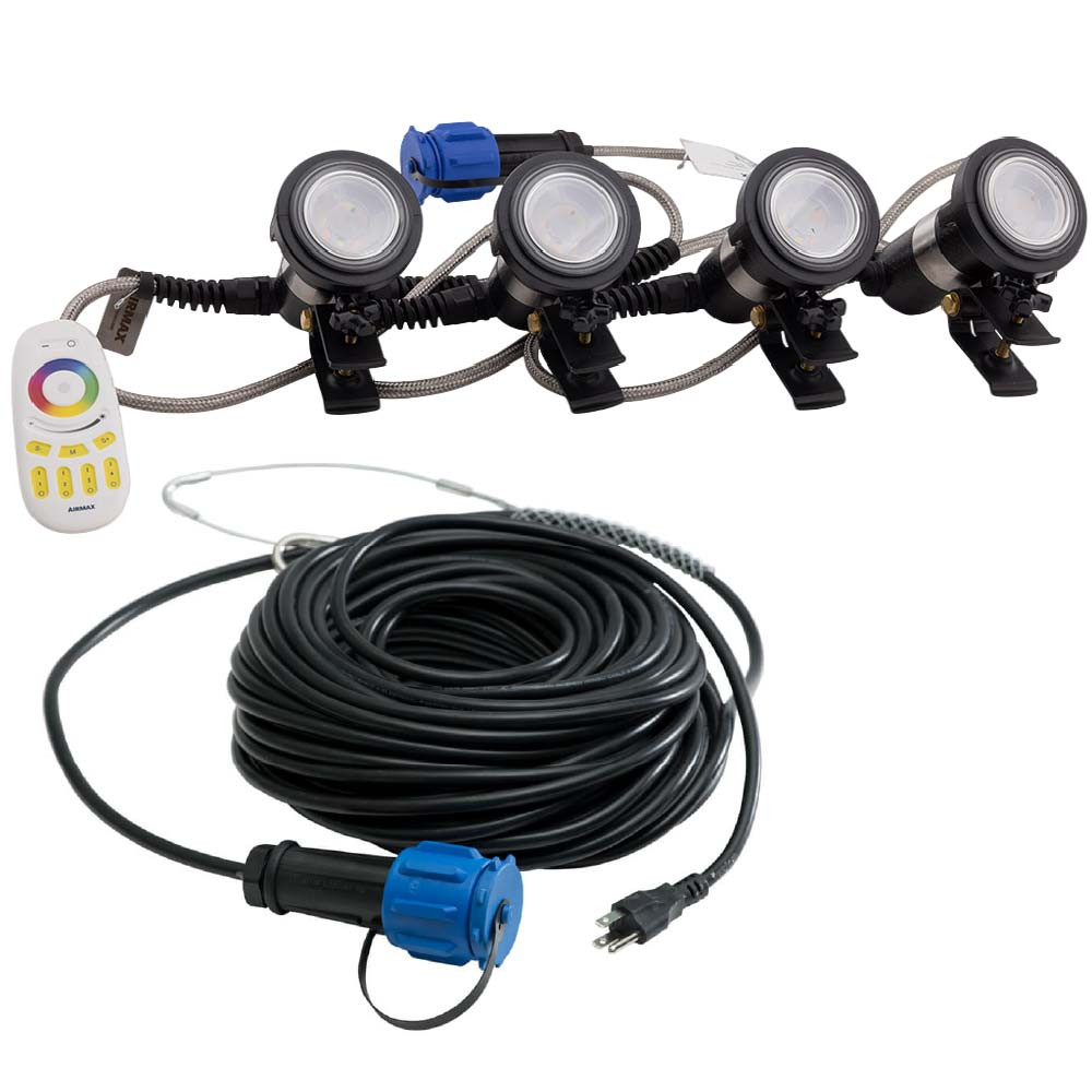 The Airmax RGBW four-light set with remote control and power cord.