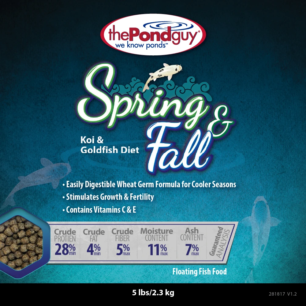Front label of The Pond Guy Spring & Fall Koi & Goldfish Diet highlighting wheat germ formula, vitamins C and E, plus 28% protein content.
